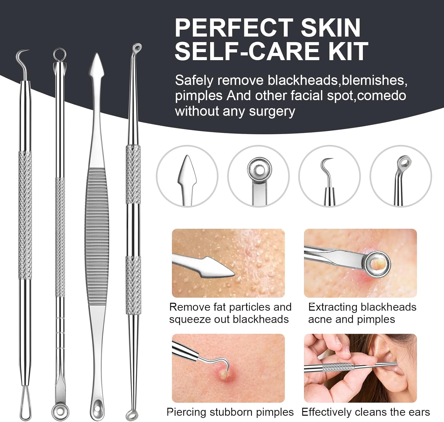 11Pcs Blackhead Remover Kit, Stainless Steel Acne Comedone Extractor with 10X Magnifying Glass & 20 75% Alcohol Pads, Pimple Whitehead Blemish Removal, Anti-Slip Handle & Storage Box