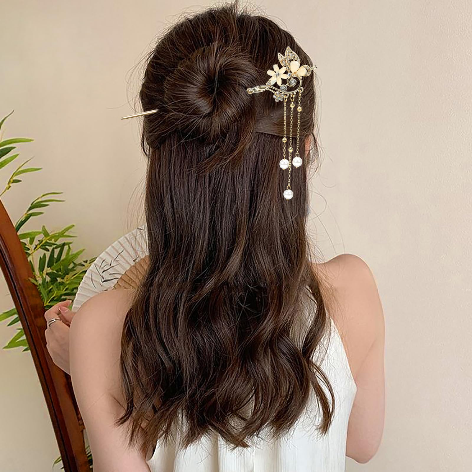 Chinese Hair Sticks Set Handmade Pearl Tassel Hair Accessories for Women Girls Amazon.com : 5 Pcs Flower Chinese Tassel Hair Stick Crystal  main image 2