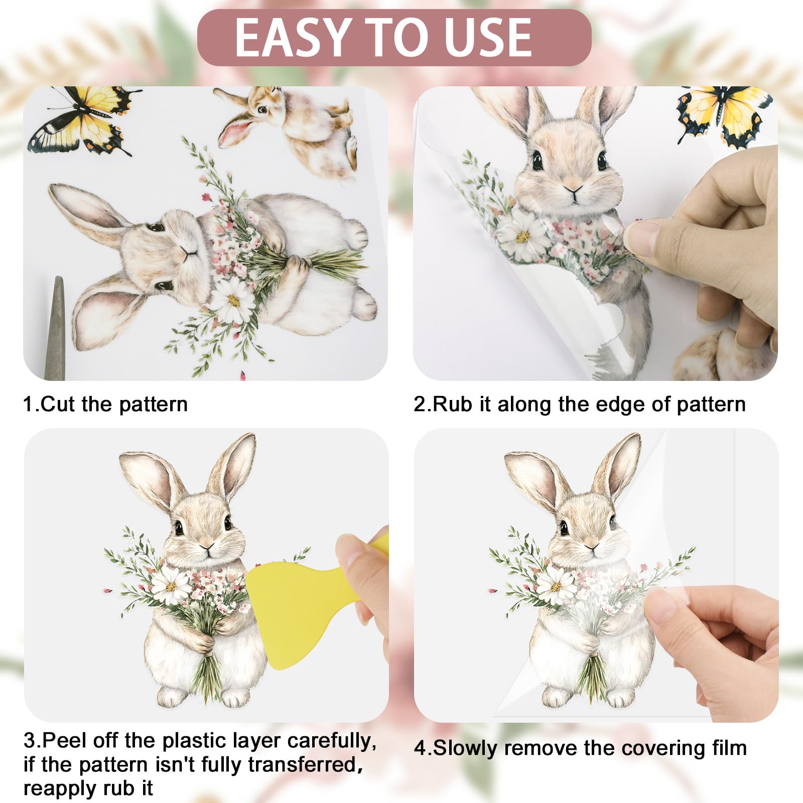 HICOHAND Rub on Transfers Stickers for Crafts Animal Theme Furniture Transfers Decor Decals for Glass Porcelain Wood Plastic Photo Albums Garden Door Bedroom Home Decor (Cute Rabbit) - Image 3