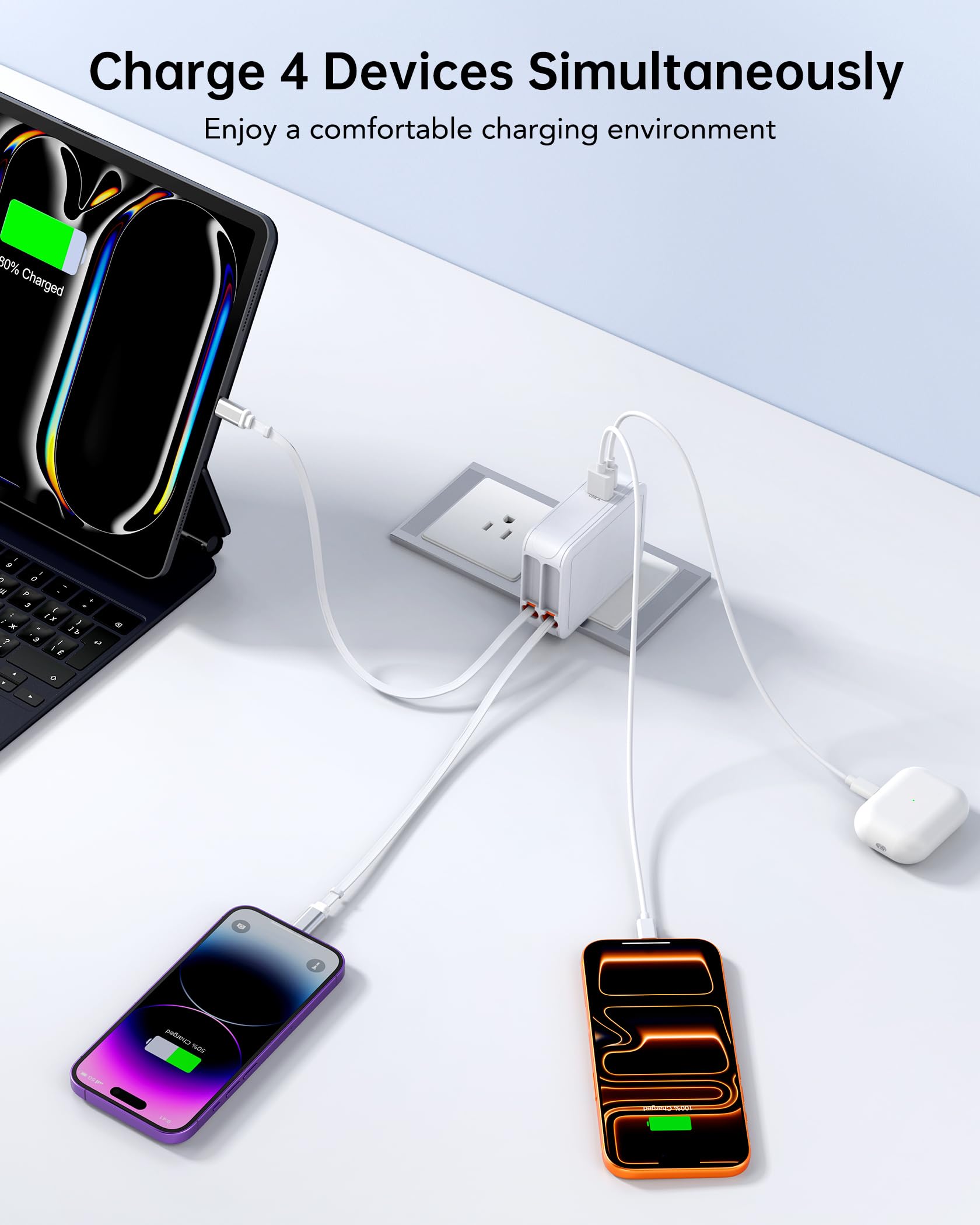 Cargador de teléfono retráctil 4 en 1 con doble puerto USB, cargador de pared retráctil de 2 pies con cables duales, cargadores USB C de 50 W que bloquean la carga rápida para iPhone 17 Pro/16/15/14
