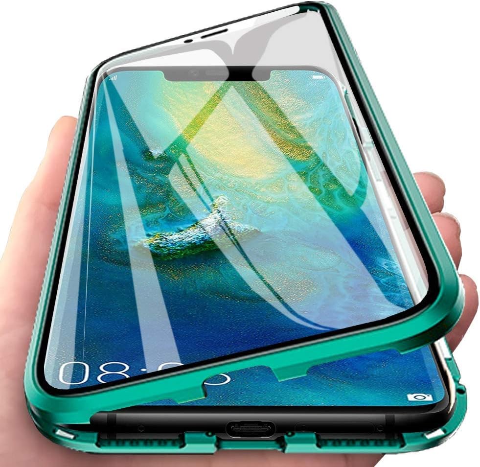 Compatible for Xiaomi Redmi Note 7 Case,Magnetic Adsorption Technology Metal Aluminum Frame Transparent Front and Back Tempered Glass Ultra thin 360 Degree Fully Screen Protective Case Cover,Green