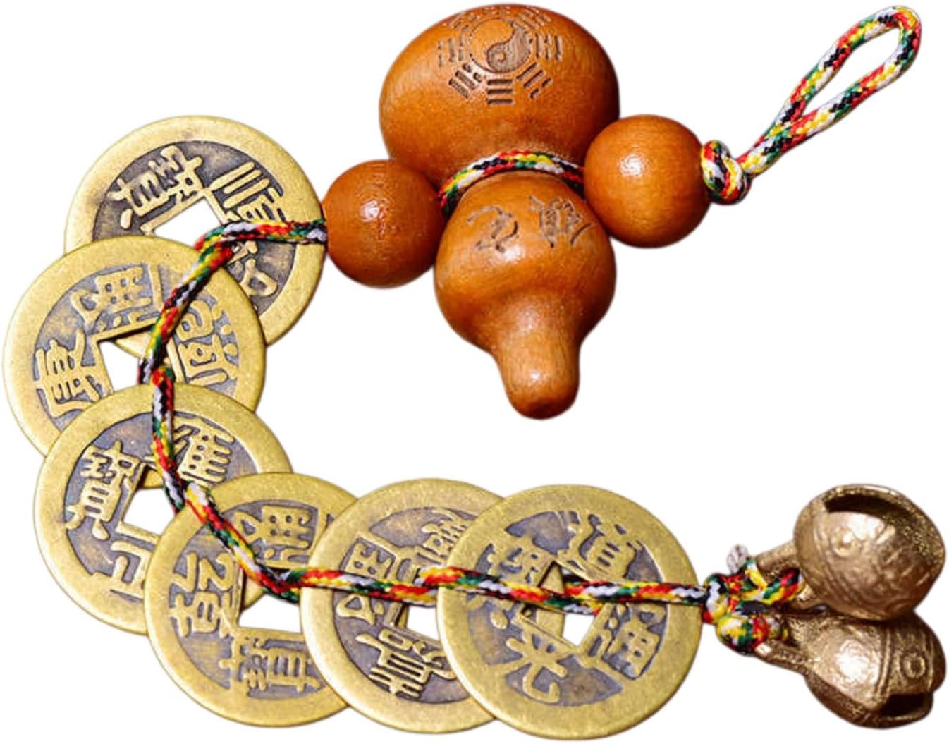 Feng Shui Good Luck Charms Furniture,Bag,Home,Office Other Scenes 六帝钱五帝钱带八卦镜桃木葫芦铜铃铛 Feng Shui Good Amulet 五色彩线绳编织 fengshui Chinese Tassel Ornaments-1138