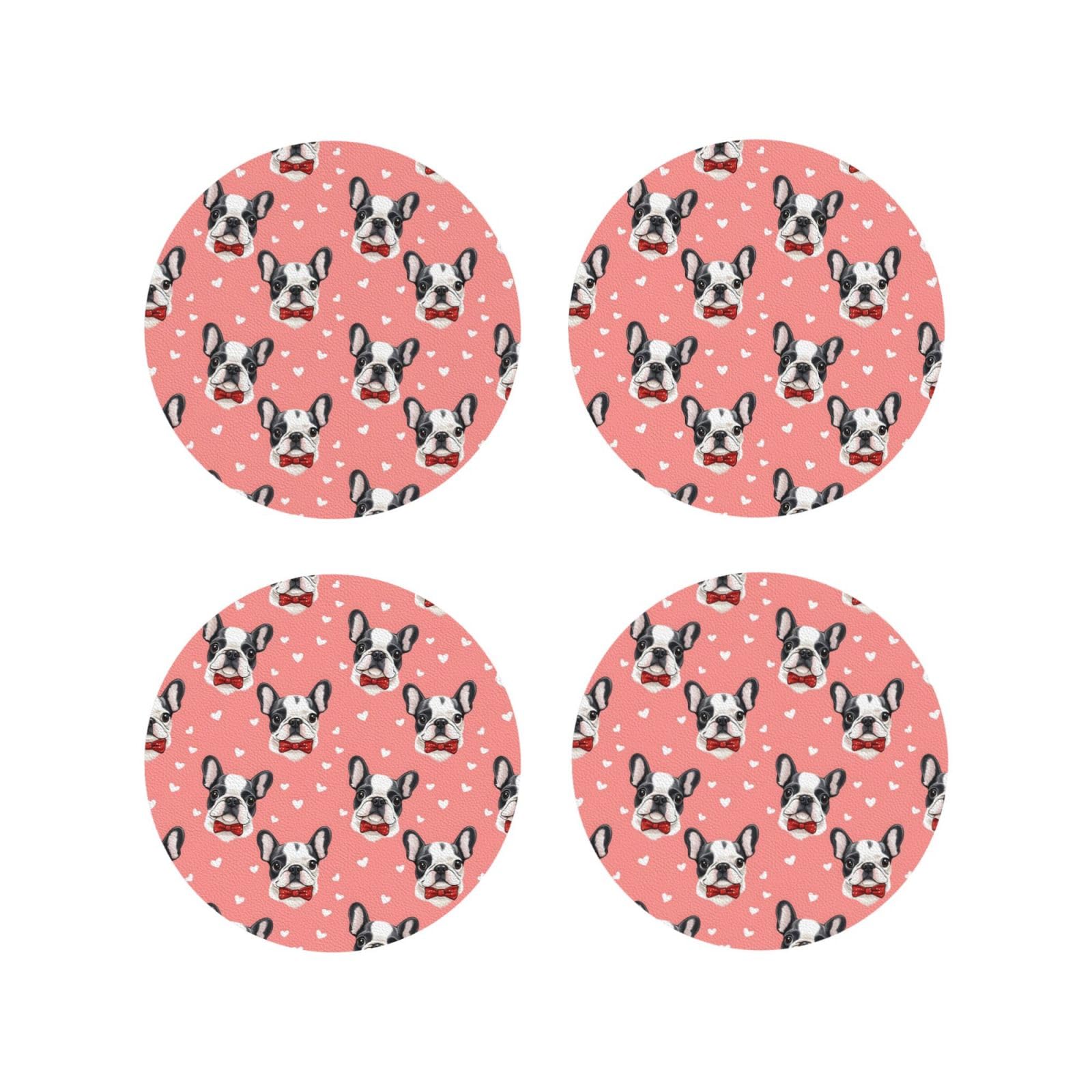 Leather Coasters Set of 4 - Dog Bow Heart Print Lightweight Drink Coasters for Desk