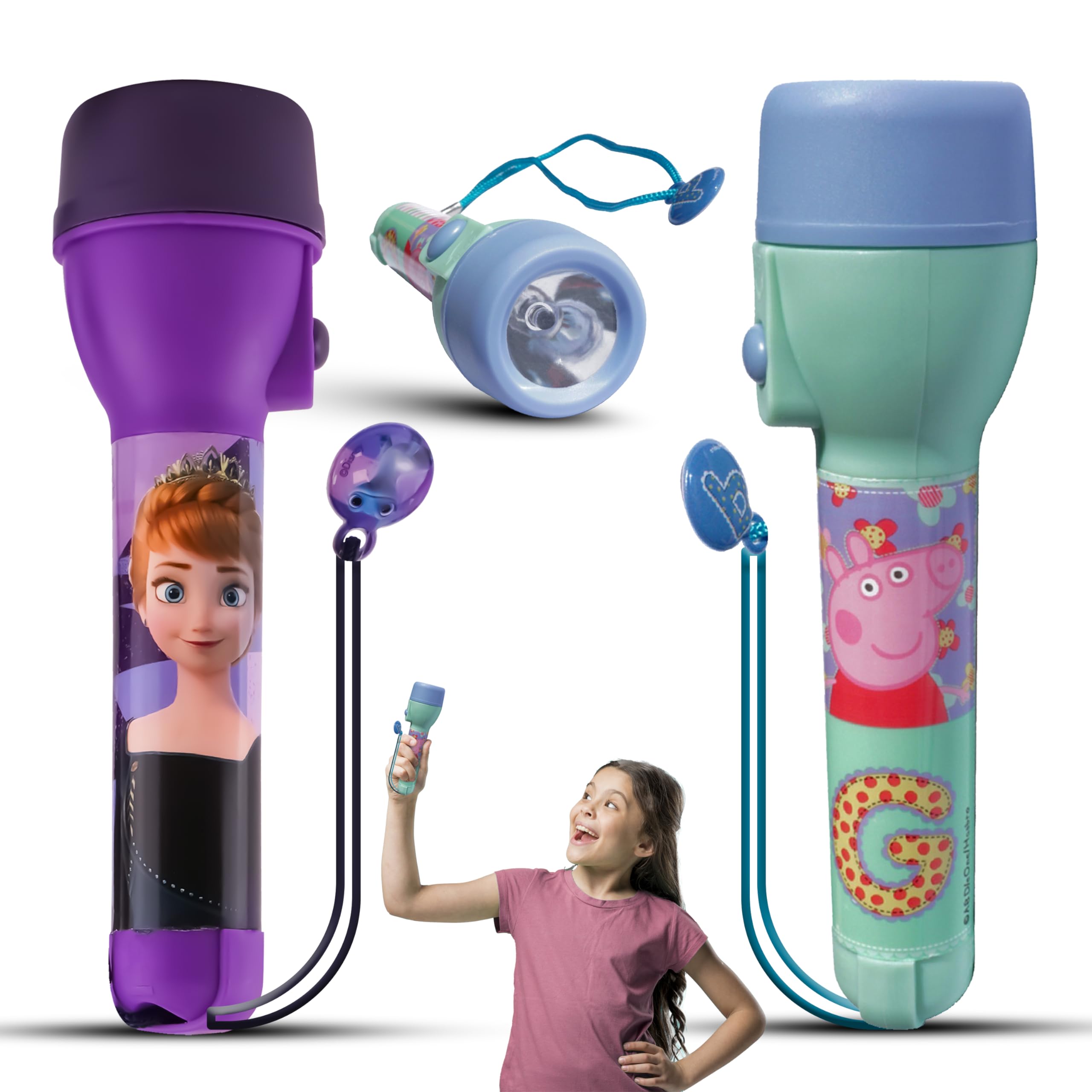 2x Lightweight Kids Torches, Peppa PlG and Frozen LED Big Torches, Luminous Range: 3.5m Night Light Torch Bright for Xmas, Birthday and Christmas Gifts, 16cm Plastic Flashlight Toy for Kids 3+ Y