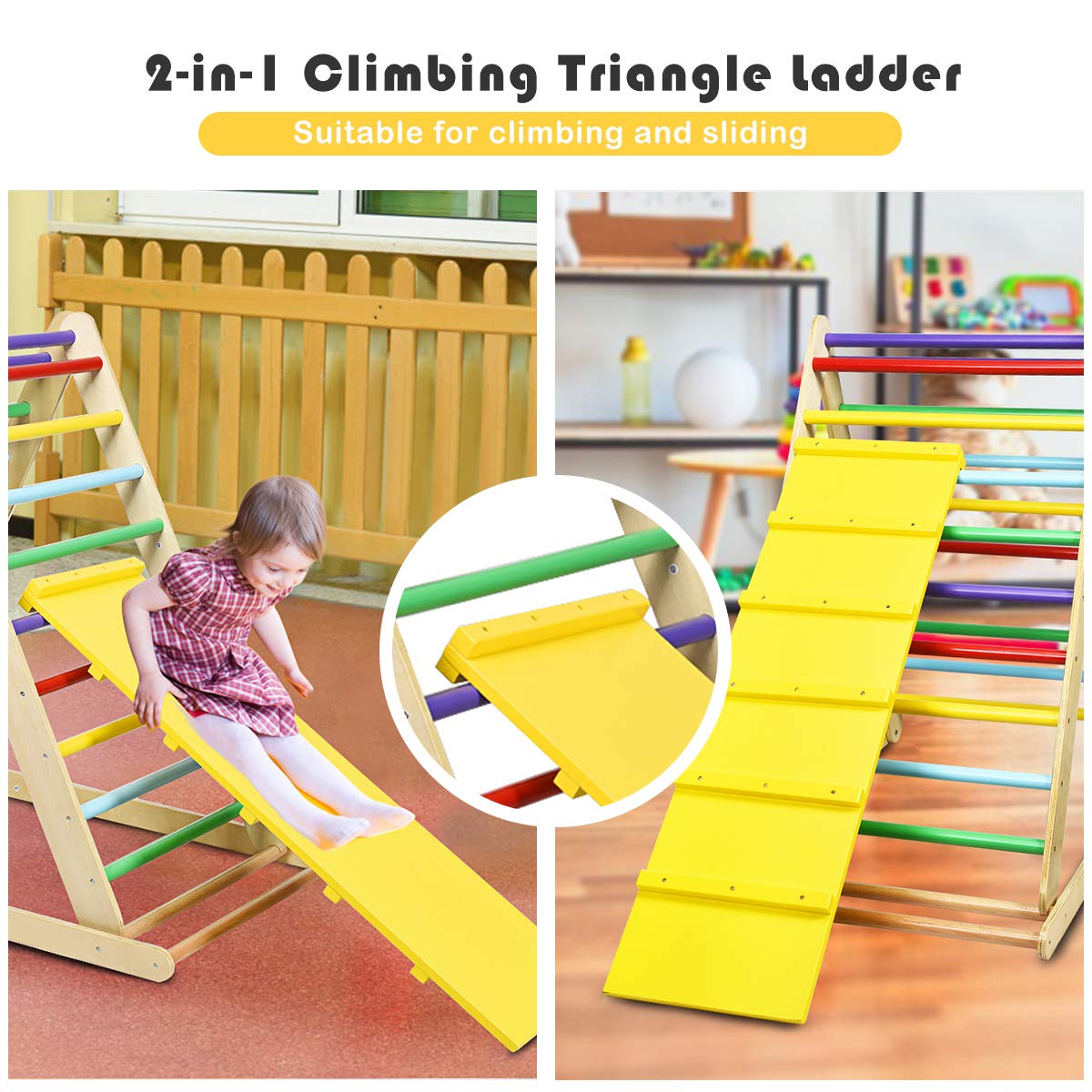 COSTWAY Double Sided Triangle Climber Wooden Climbing Toy