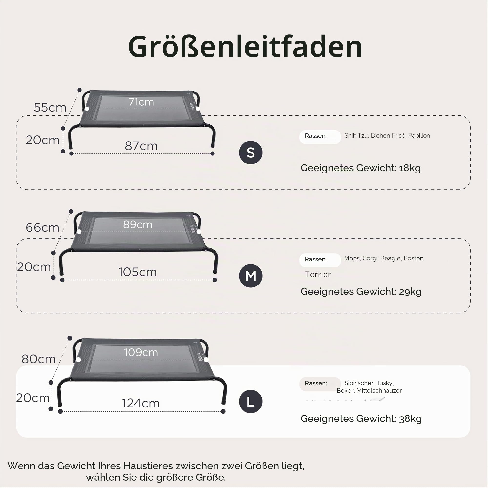BEDSURE Hundeliege Outdoor Grosse Hunde - Hundeliege grau in und Outdoor Garten, für draußen Camping erhöhtes Hundebett, Größe in L 124x80 cm, höhe in 20 cm