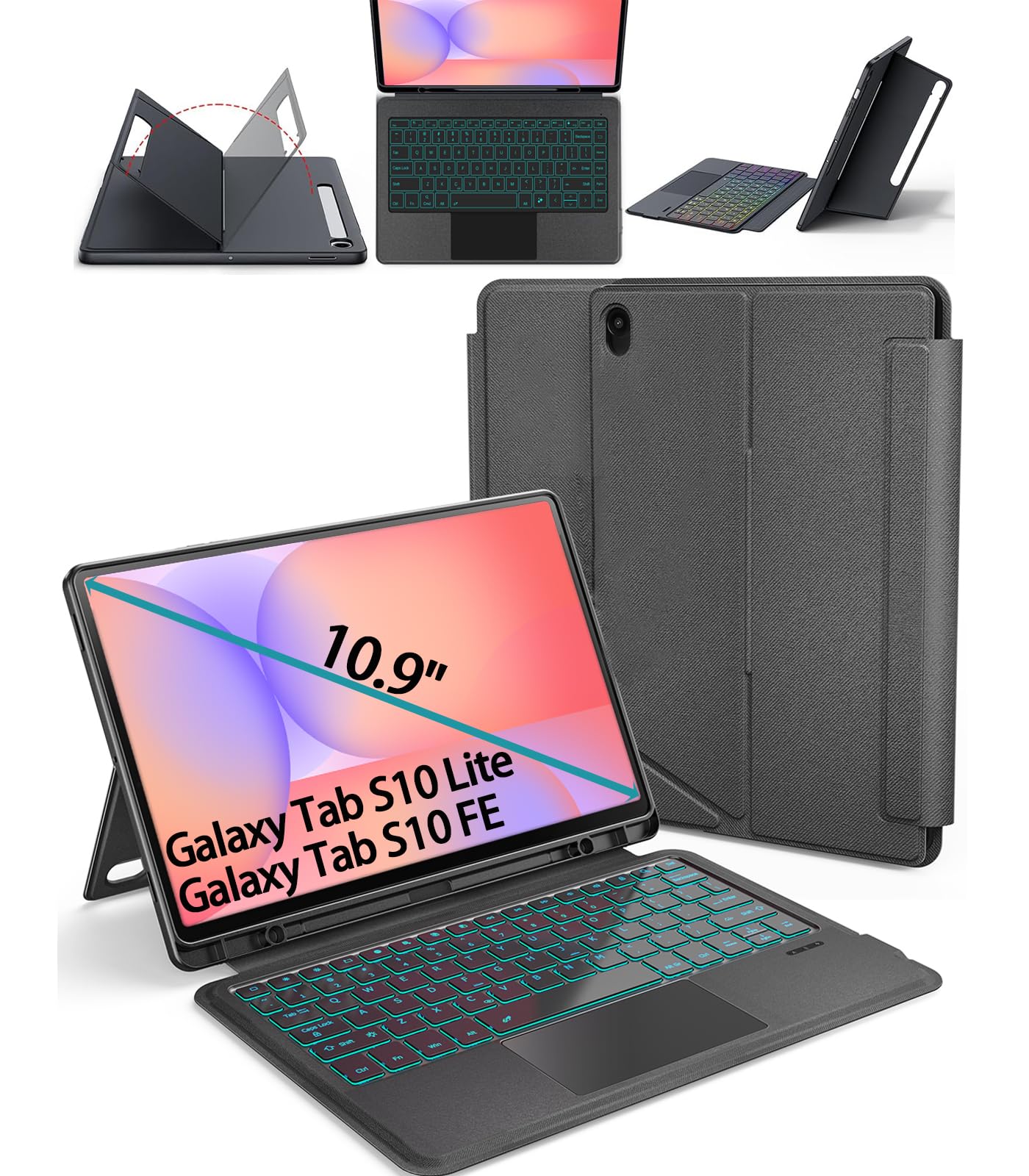 for Samsung Galaxy Tab S10 FE | S10 Lite Keyboard Case 10.9", S Pen Holder, 7 Color Backlit Keyboard with Trackpad, Detachable Cover with Adjustable Viewing Angle Stand for Tablet S9 FE | S9