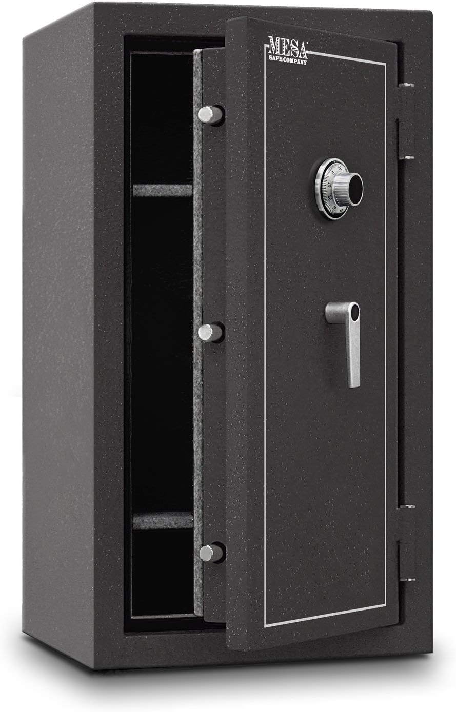 Mesa Safe MBF Series with door open, showing combination dial and locking bolts