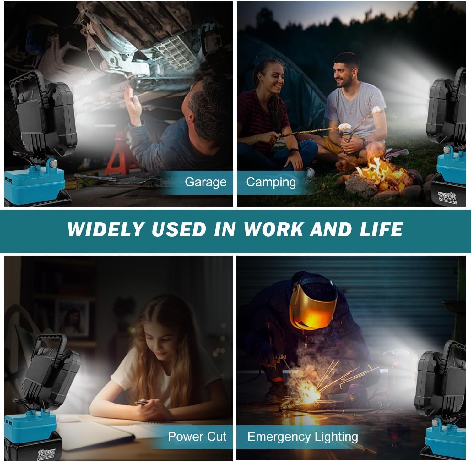 Yaasier Lámpara LED con batería para Makita 18V, Luz de trabajo LED inalámbrica 4800LM Con 2 puerto de carga USB, lampara recargable portatil para jardines, patios traseros, garajes