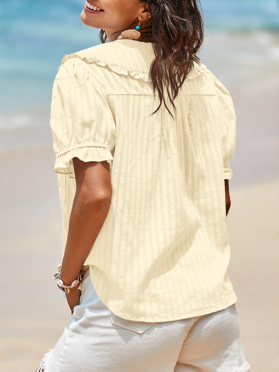 Tankaneo Womens Puff Sleeve Shirts Peter Pan Collar Button Down Cotton Blouse Casual Summer Textured Tops - Image 5