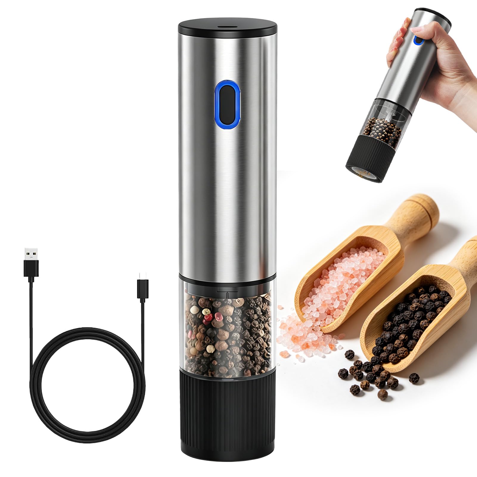 Molinillo eléctrico de sal y pimienta juego molinillo eléctrico especias | USB recargable 80 ml, gran capacidad, 5 grados de molienda ajustables, portátil con mecanismo de cerámica ajustable para