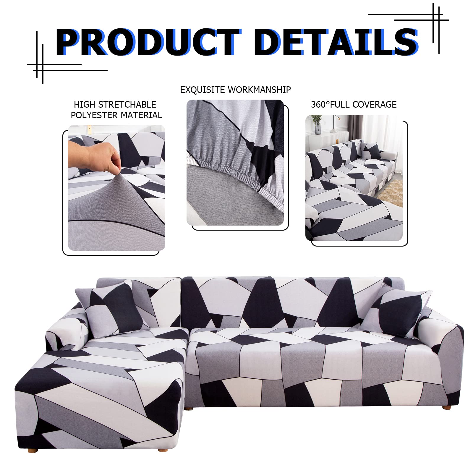 Lydevo Copridivano con Penisola Elasticizzato,Copridivano Angolare a Sinistra/Destra Universale con 2 Federi,Fodere Divano Penisola Forma di L,Chaise Longue Sofa Cover(3 Posti+3 Posti,Geometria Nera)