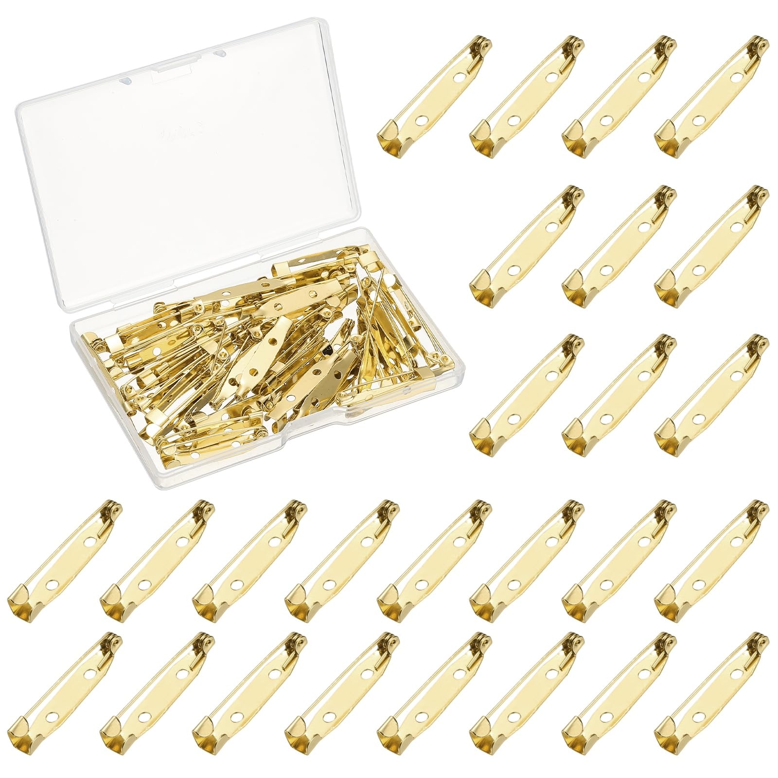 YELARXI Brooch Pin Backs, Brooch Clasp Badge Pins, Bar Reliable Metal Button Locking Safety Clasp- Fitting for (Sewing - DIY Craft - Wedding - Name Tags) 30 mm & 50 Pack & Light Gold