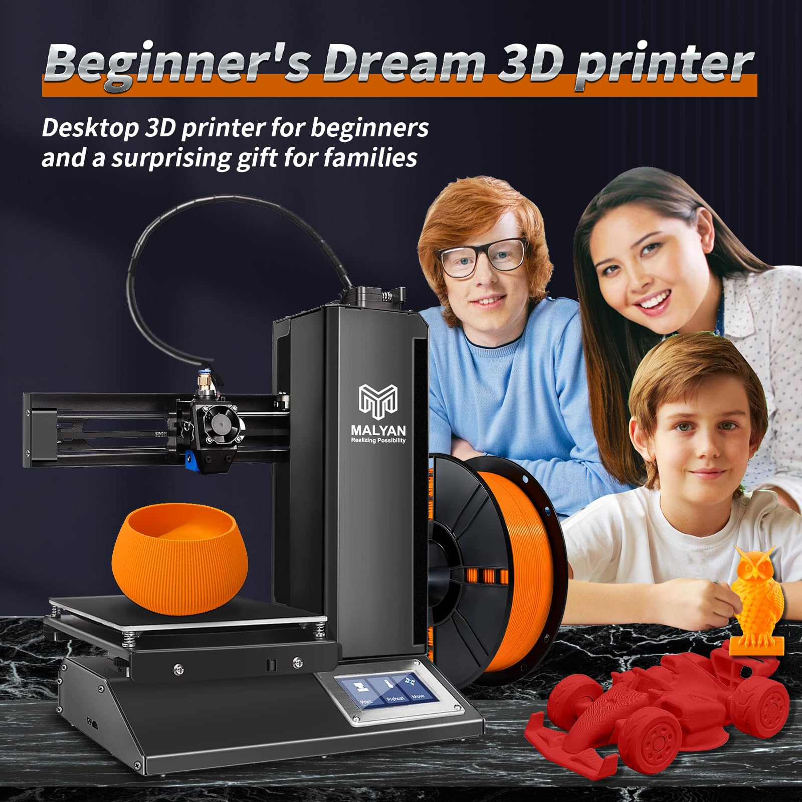 MALYAN M320 Mini 3D drukarka – drukarka 3D dla dzieci i początkujących, zdejmowana magnetyczna płyta, bezpłatna próbka filamentu PLA, 150 x 150 x 150 mm