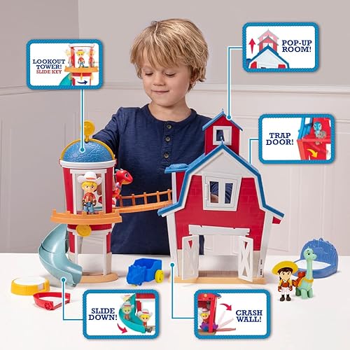 Miniatura 3 de Dino Ranch Clubhouse, juego grande de 12 pulgadas con luces y sonido, cuenta con silo con tobogán, puente, sala extensible, 2 rancheros de