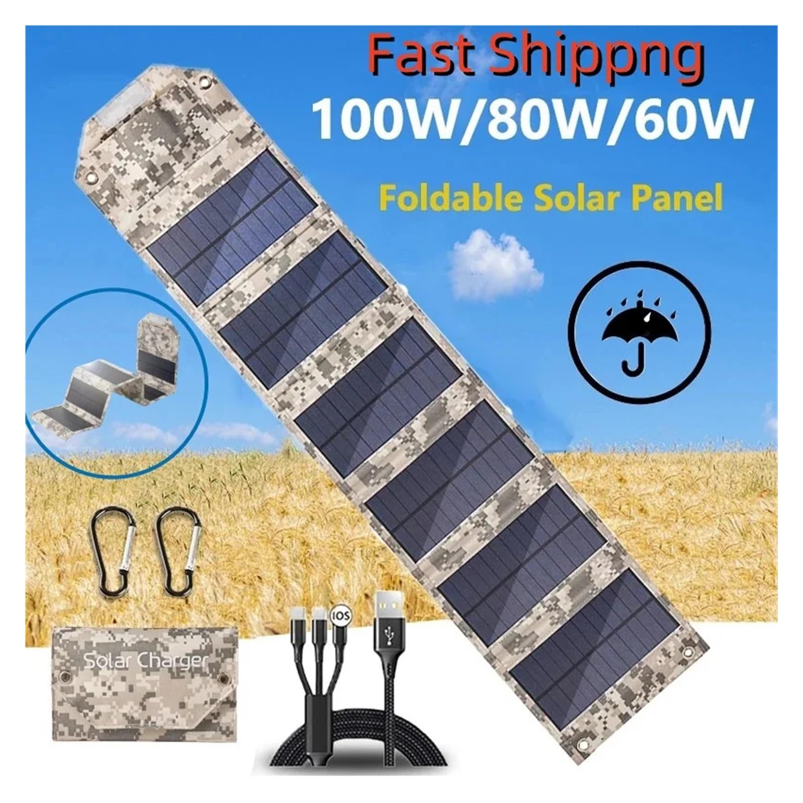 Pannello solare pieghevole da 100 W/80 W/60 W Caricatore solare USB 5 V Batteria solare portatile Banca di energia solare for escursionismo di campeggio all'aperto + cavo(100W-camouflage)