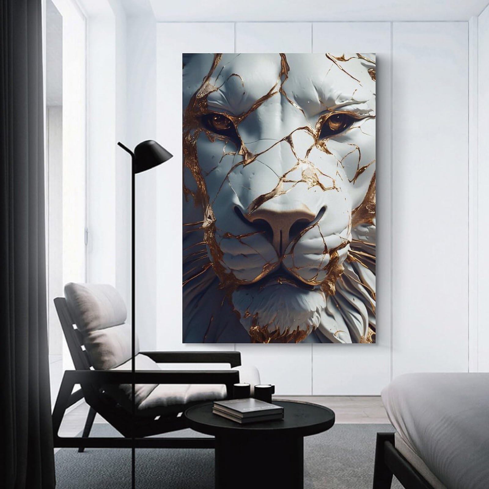 Junmoney Unframe-Style-17 Cracked White Lion With Gold Inlays Room Decor Wall Art 20X30inch(50X75cm), For Bedroom, Guest Room Or Reading Nook, An Easy Wall Refresh For Bedrooms