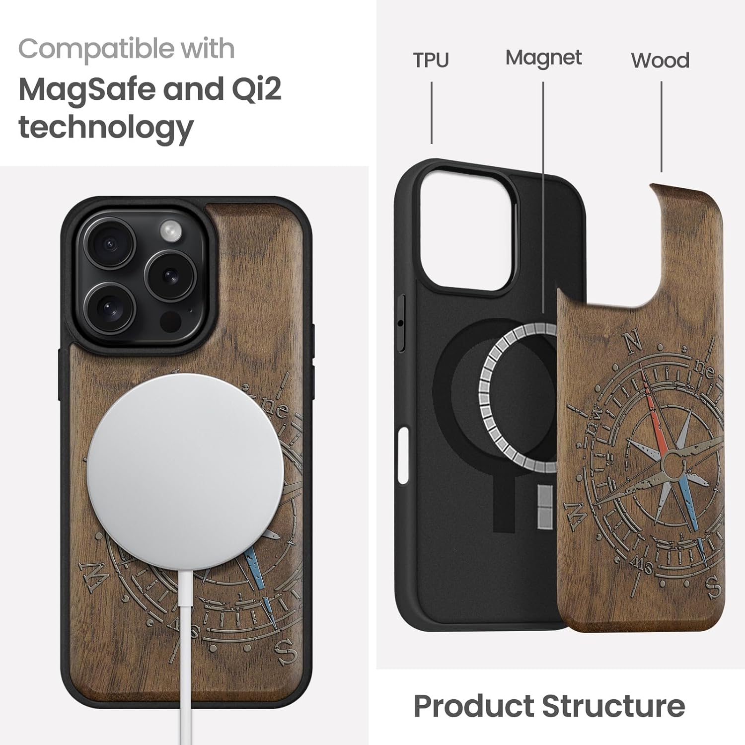 Magnetic for iPhone 16 Pro Max Case Compatible with MagSafe Wireless Charging, Natural Wood Cover & Shockproof TPU Phone Case, Walnut Hand-Drawn Pattern - Compass Adventure
