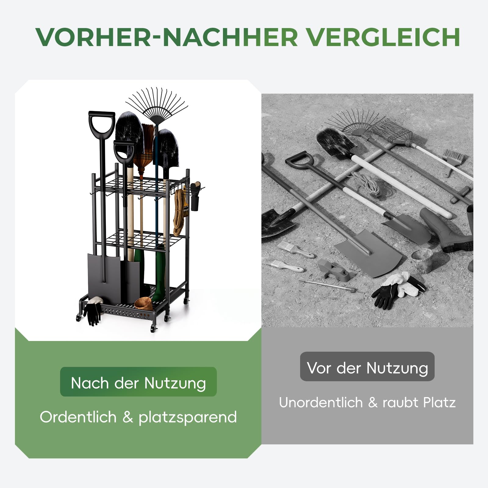 Gartenwerkzeug Organizer mit Rollen, Metall Gartengerätehalter Standregal