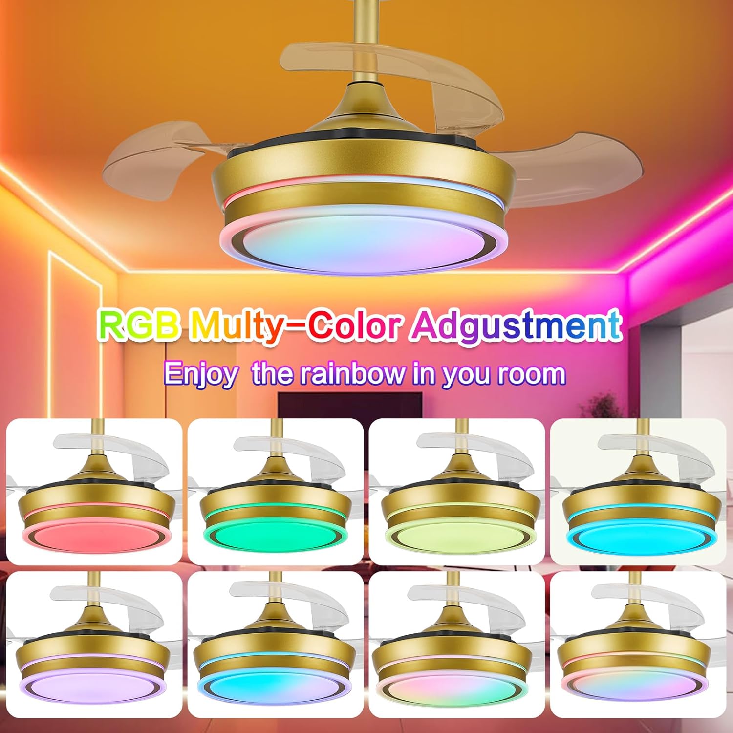30" RGB Retractable Ceiling Fan Dimmable LED Chandelier Fan 6 Speed Small Fandelier with Remote APP Control for Living Dinning Room Bedroom Gold