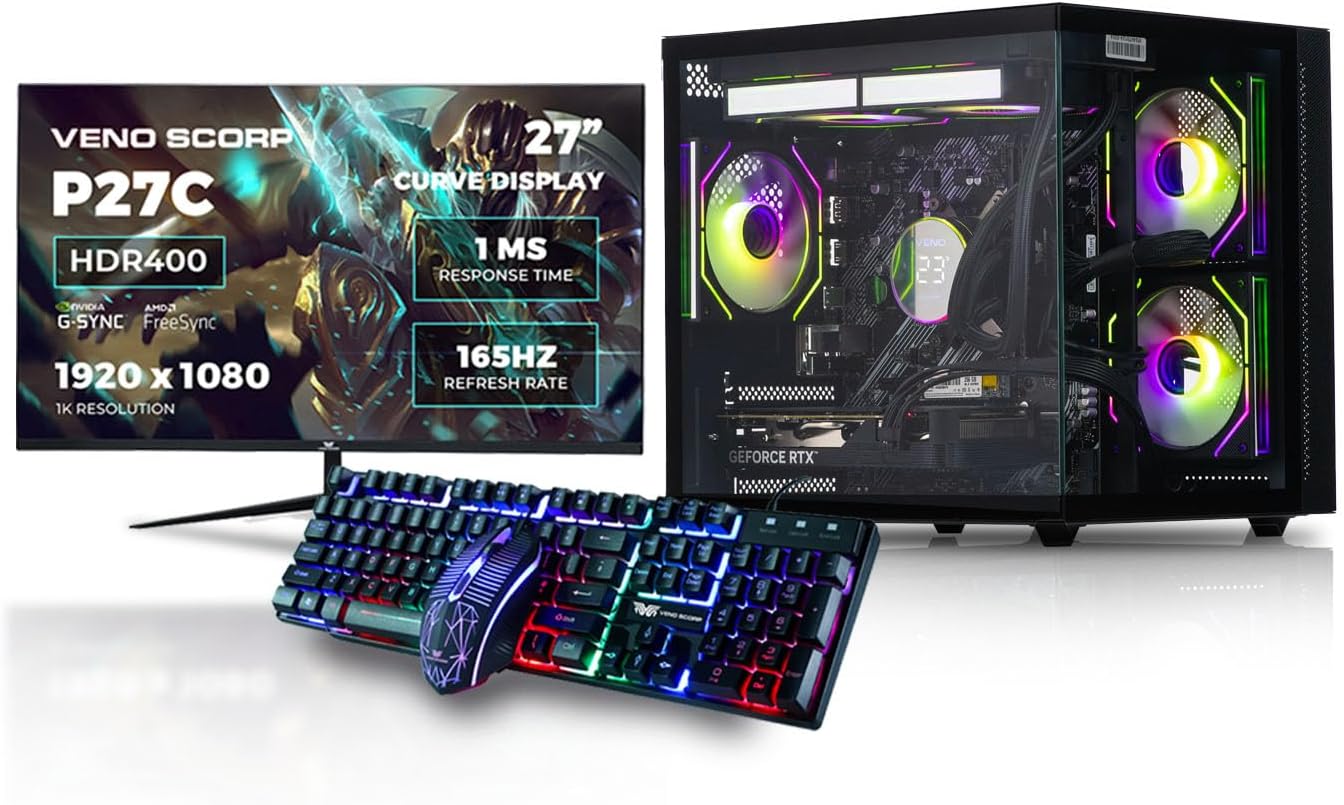 Veno Scorp Gaming PC Bundle AMD Ryzen 7 5700X 3.6 GHz RTX 5060 8GB 16GB 3200MHz RAM 1TB NVME 650W PSU Windows 11 - WiFi - Mini Nem Black - Liquid Cooling - 27" 165HZ + RGB Keyboard & Mouse