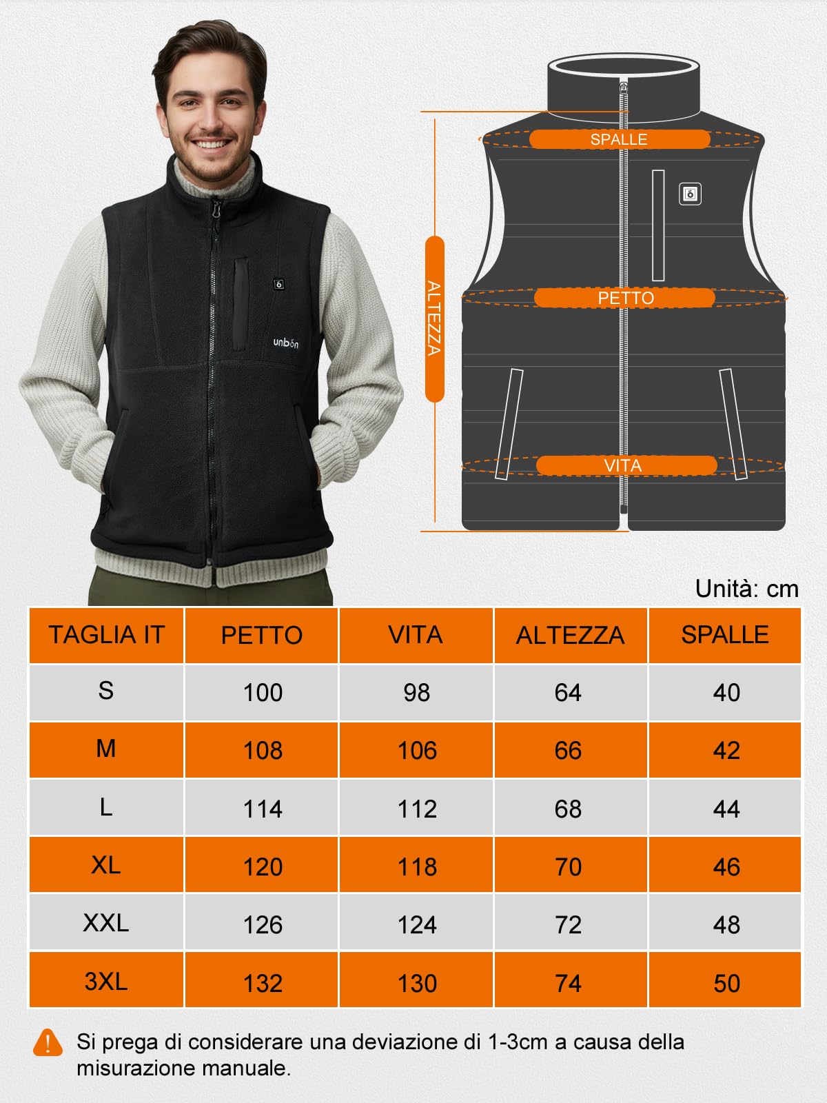 UNBON Gilet Riscaldato Uomo con Batteria USB 10000mAh, Giubbotto Riscaldato Uomo con 3 Temperatura 6 Zone di Calore, Gilet Riscaldante Pile Elettrico, Giacca Riscaldata per Moto Caccia