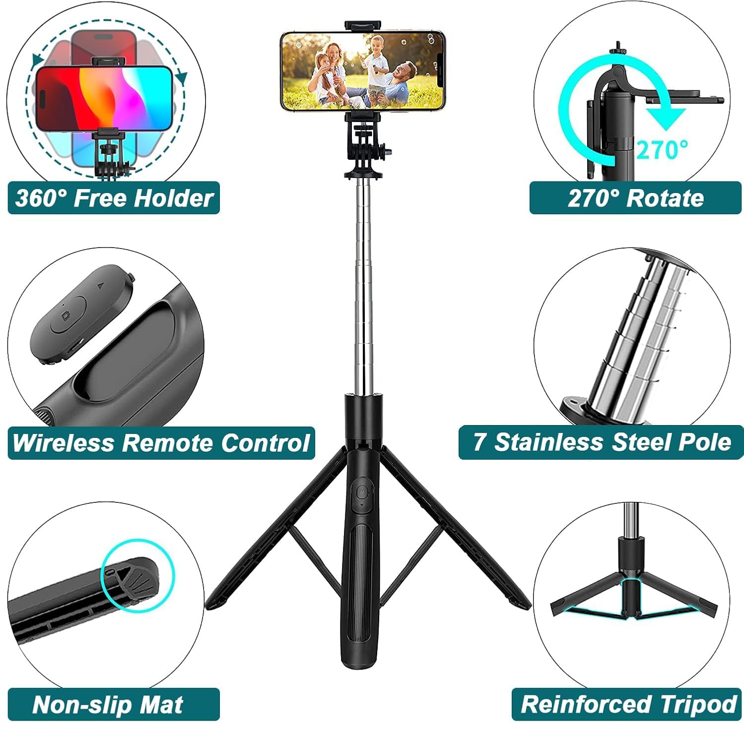 Celfiexpt 62" Extendable Selfie Stick Tripod Bluetooth Remote 360° Rotating Phone Mount & 1/4'' Camera Screw, Long Tripod Stand for Vlogging,Live Streaming,Compatible with iPhone Android Action Camera 4