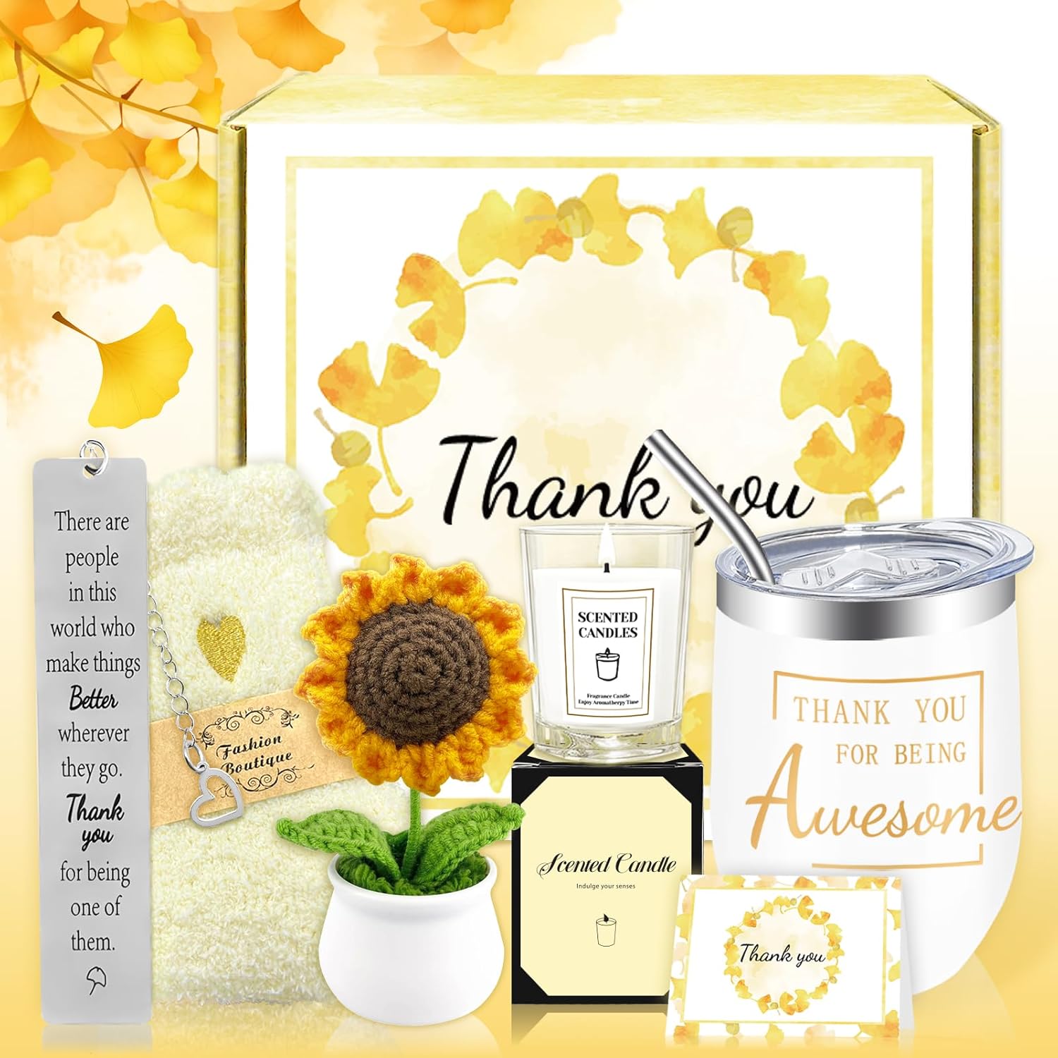 Gift Baskets for Women, Thank You Gifts for Women, Teacher Appreciation Gifts, Appreciation Gift for Teachers, Coworkers, Boss, Employees, Nurse, Thank You Baskets with Tumbler, Crochet Sunflower
