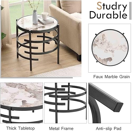 Miniatura 27 de Mesa auxiliar redonda moderna con parte superior de piedra sinterizada, elegante mesa auxiliar de sofá con marco de metal irregular, mesa de centro