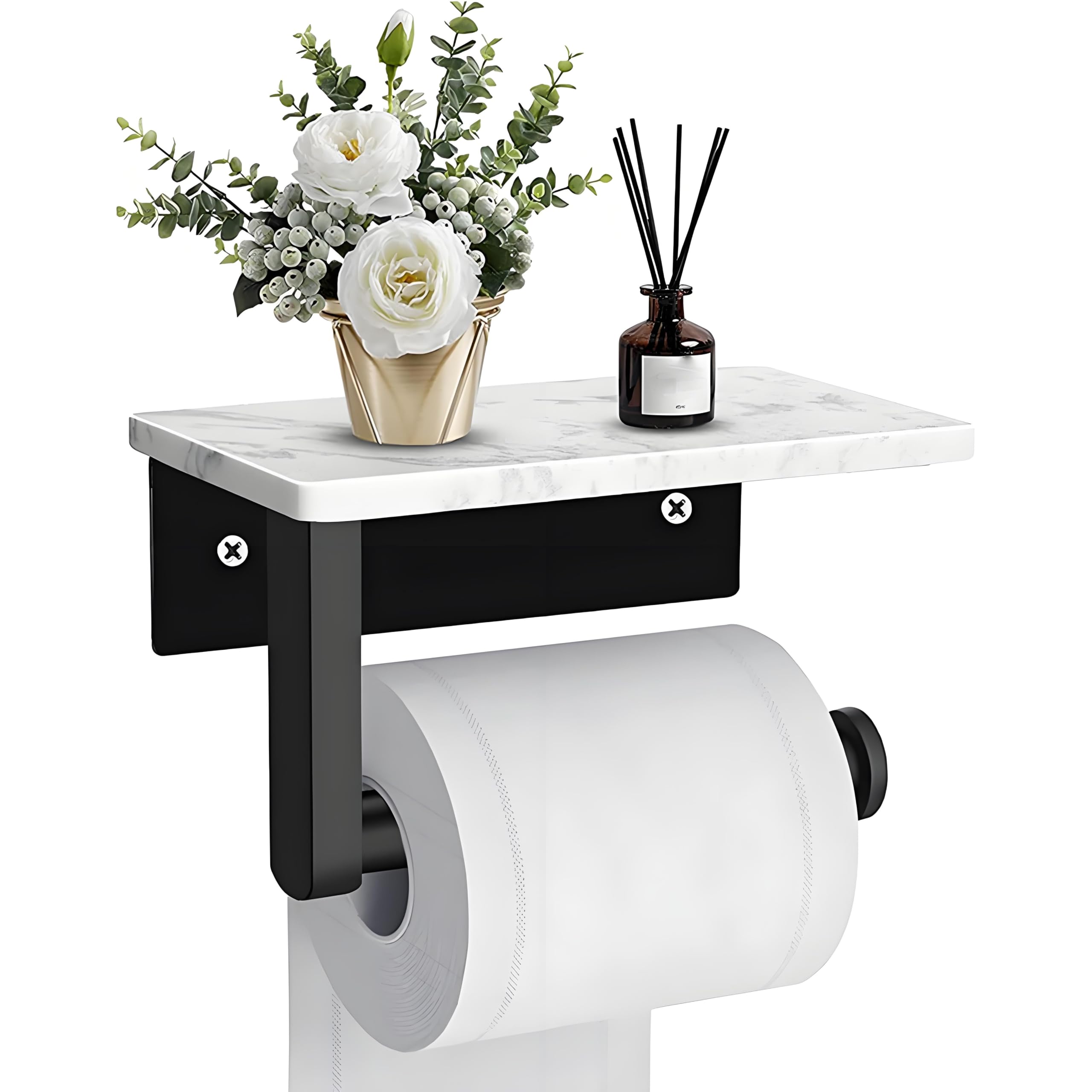 Toilettenpapierhalter Ohne Bohren，Klopapierhalter Edelstahl mit Weißer Marmor Ablage Selbstklebend oder Schraub Wandmontage Klorollenhalter für Küche und Bad(Schwarz)
