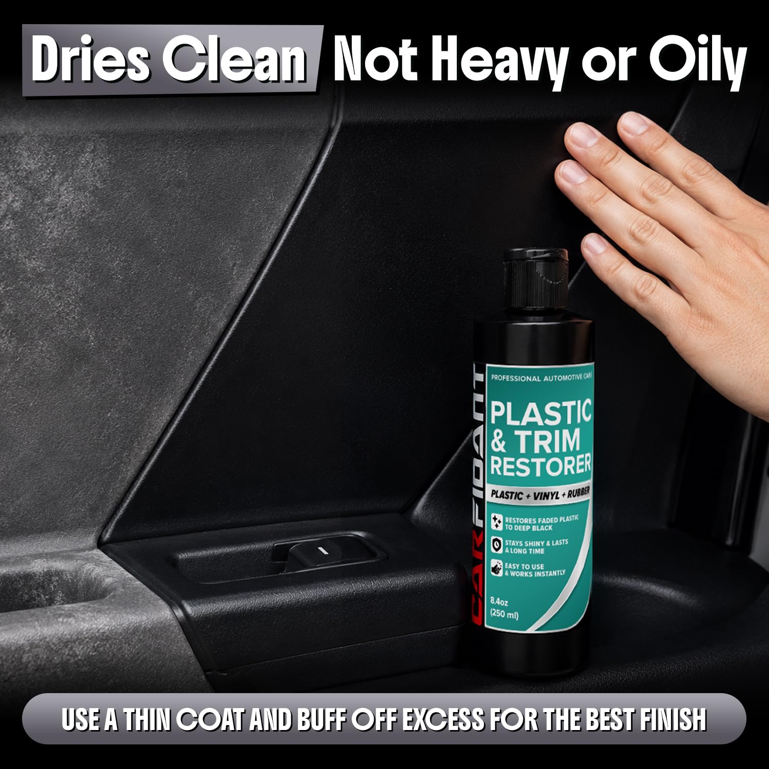 Restaurador de plástico Carfidant para Autos, refresca el plástico desteñido, Vinilo y Goma con Esmalte para un Brillo Profundo, Protege contra los Rayos UV y la Suciedad, Color Negro Exterior e