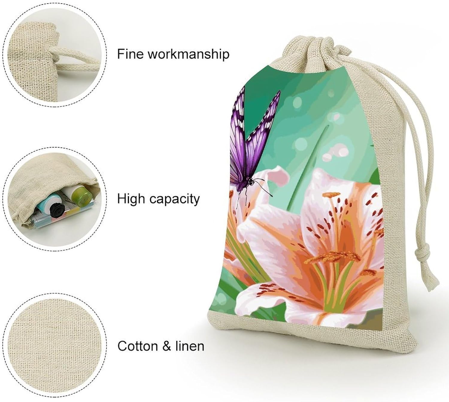 FekiLoot Lilies And Butterfly Cotton Linen Drawstring Bags Pack of 8 image 3