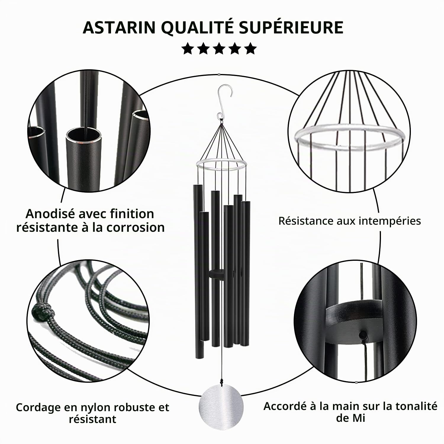 ASTARIN Carillon éolien pour Jardin, 91,4 cm, Grand Carillon éolien pour l'extérieur, Relaxant, apaisant, Basses Basses, Carillon commémoratif de condoléances pour Maman et Papa, Noir