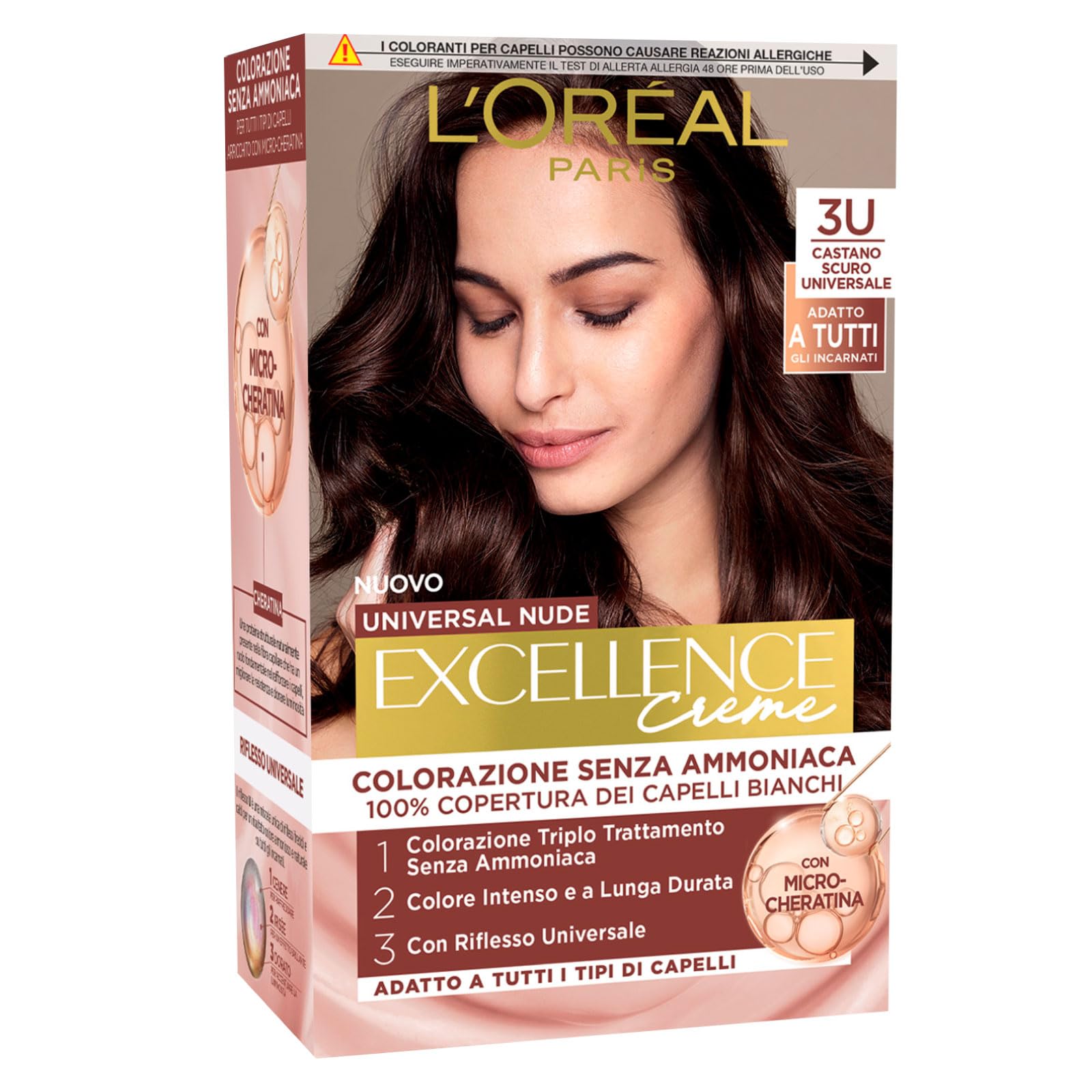 L'Oréal Paris Tinta Permanente Excellence Creme Universal Nude 3U Castano Scuro Universale Colorazione Triplo Trattamento Copre 100% dei Capelli Bianchi Senza Ammoniaca - 3 Tinte