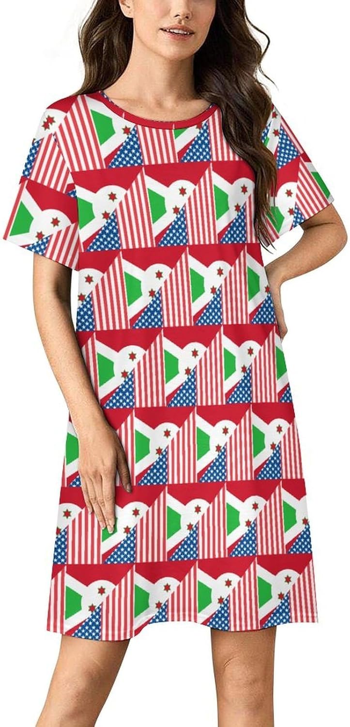 USA And Burundi Flag Nightgowns for Women Short Sleeve Sleep Dress Casual Sleepshirt Night Gowns Pajamas