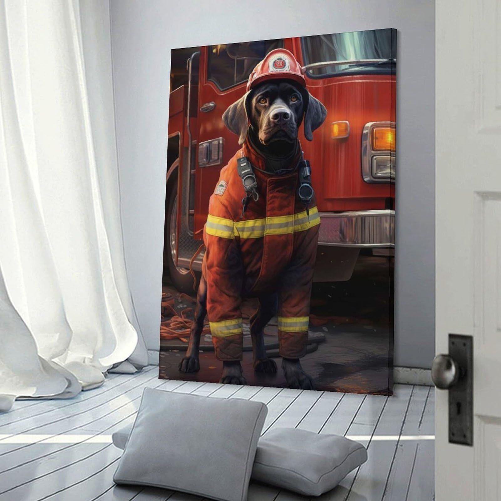 Junmoney Cute Funny Dog Firefighter Canvas Art Print, 20x30inch(50x75cm), for Home Walls, Creative Rooms Or Shared Spaces, Decorative Artwork with Broad Appeal