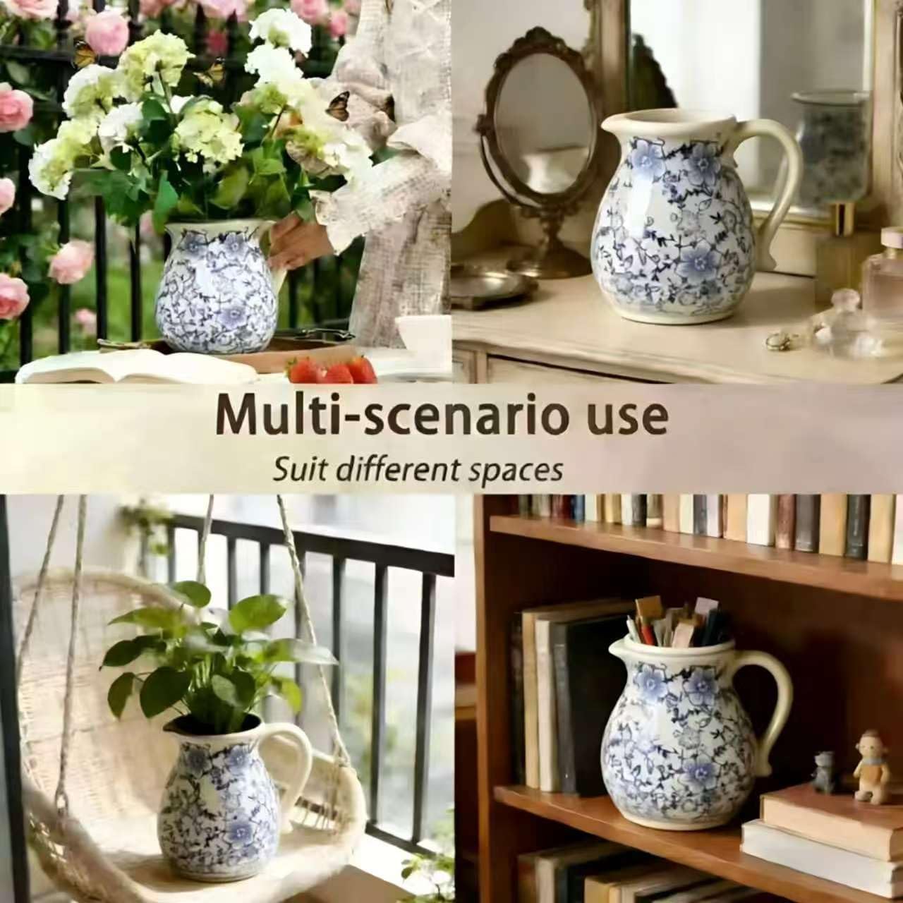 Rustic Ceramic Utensil Holder, 6.1" Modern Farmhouse Cooking Utensil Holder for Kitchen Counter with Handle, Kitchen Utensil Organizer Crock (Blue white)