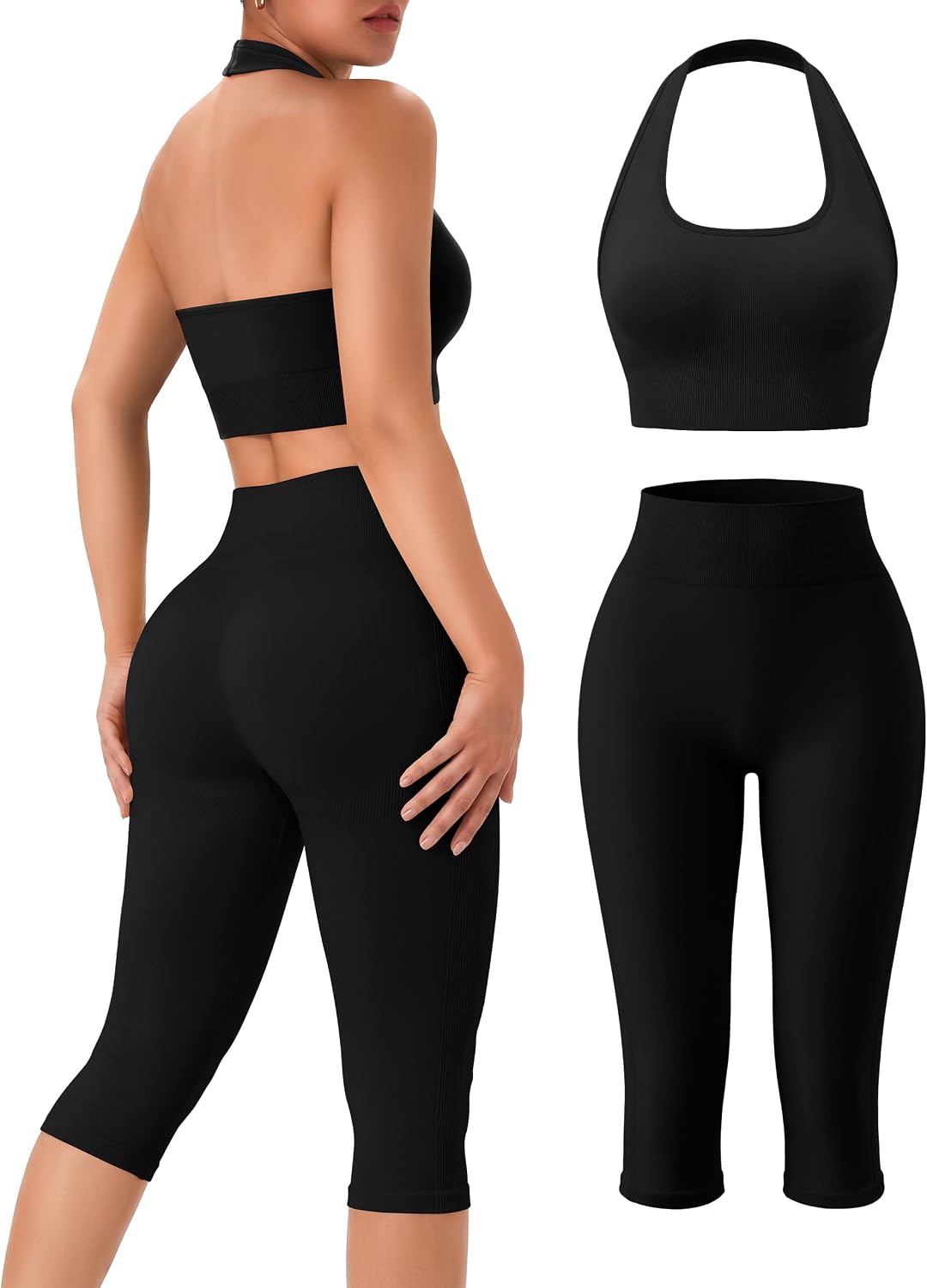 OLCHEE Womens Workout Sets 2 Piece Backless Halter Neck Sports Bra High Waist Scrunch Butt Capri Leggings Yoga Gym Outfits