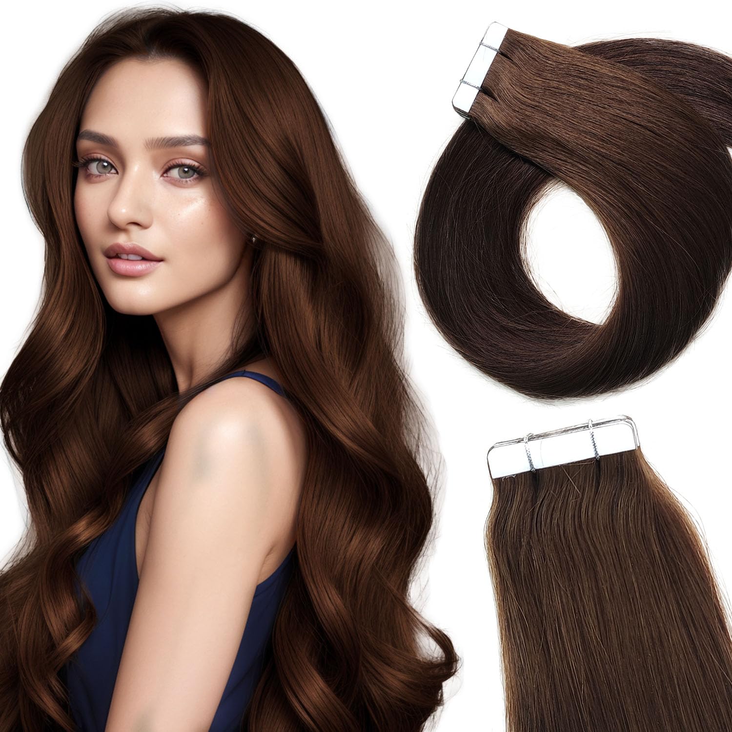 LieblichWelle Extension Capelli Veri Biadesivo Marrone Medio 45 cm, 20 pz, 50 g, Salon-Grade Qualità, Facili Comode da Indossare Per le Giovani Donne (Marrone Medio, 45 cm)