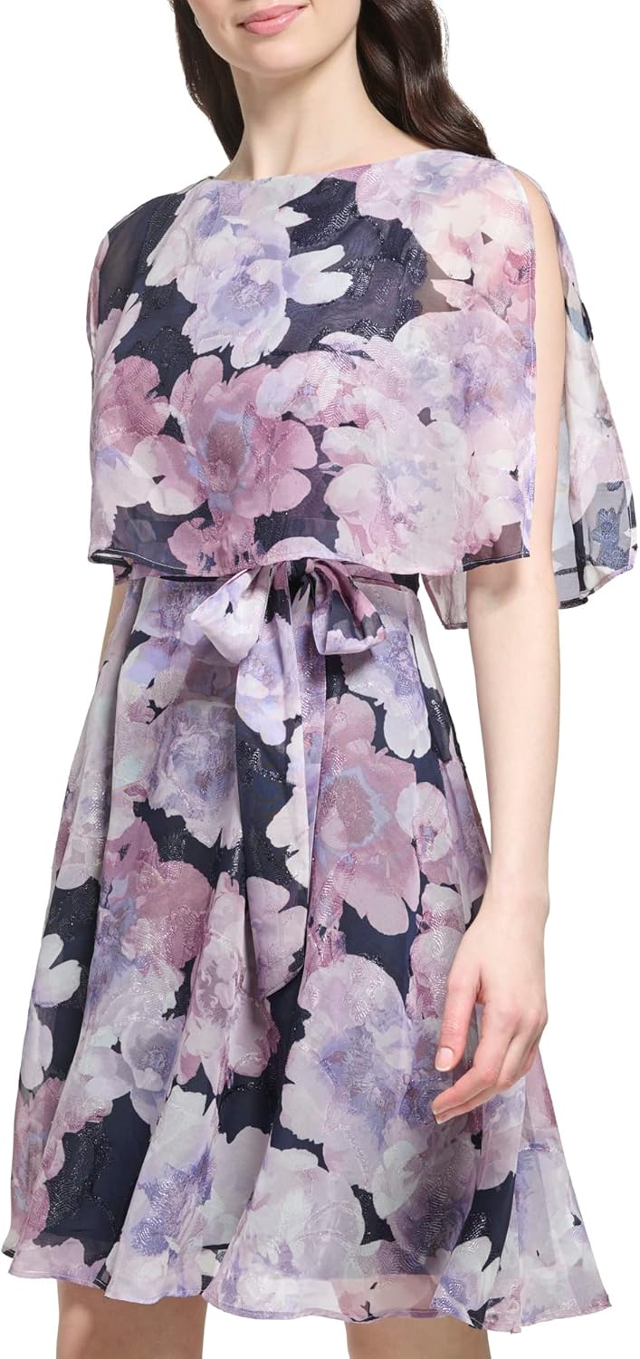 Jessica Howard Womens Sleeveless Caped Tie Waist Chiffon A-line Mini Dress - Image 2