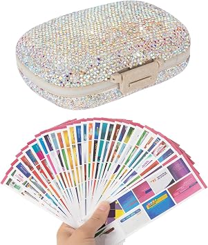 Pill Organizer with Labels Bling Pocket Pill Case with Stickers Travel Medicine Kit Holder Small Purse Pill Box Container Portable Mini Medication Storage AB Colorful & 300 Labels