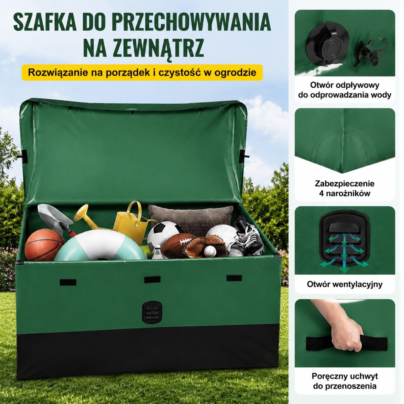 Skrzynia ogrodowa 440 l z plandeki PE na taras, poduszki i narzędzia