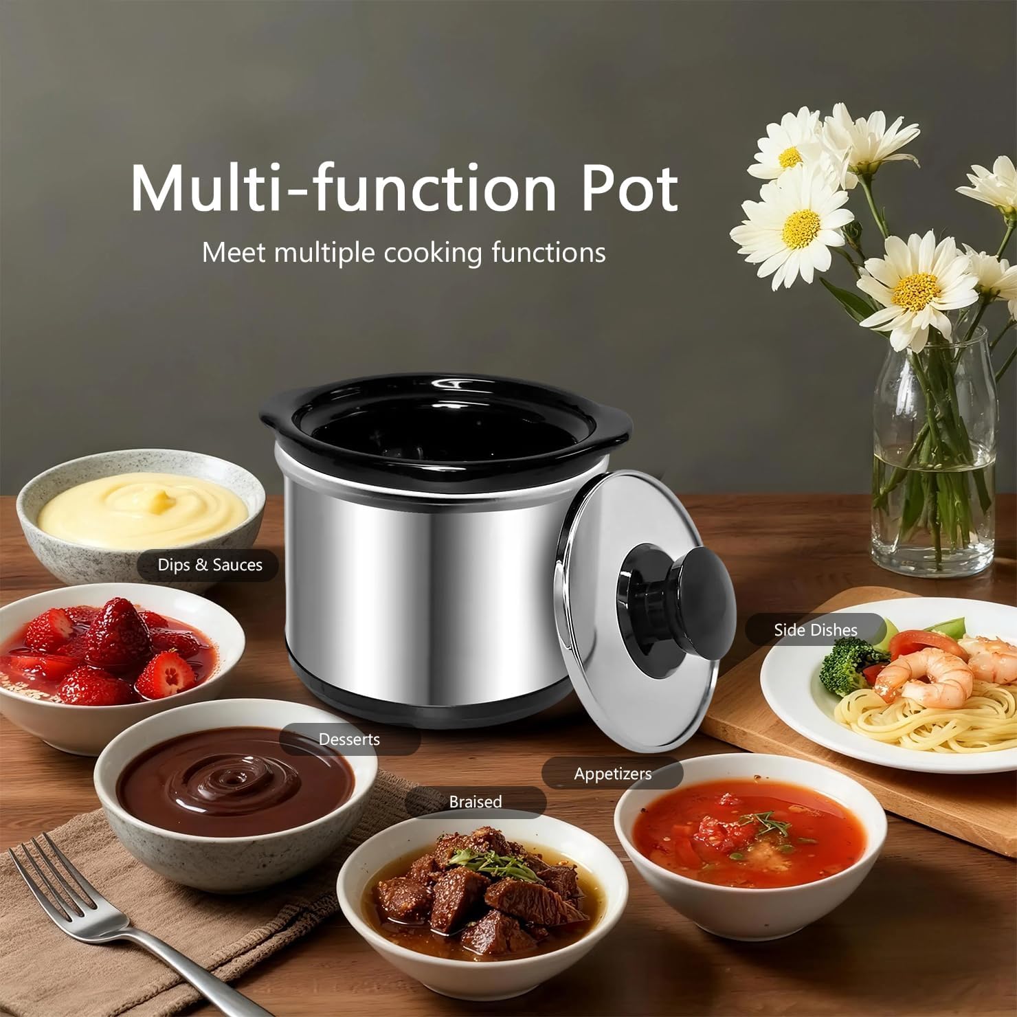 Mini Slow Cooker, 0.65 Qt Capacity small slow cooker, Ceramic Pot, Nutrient Loss Reduction, For Sauces, Stews & Dips, Stainless Steel Exterior, Round