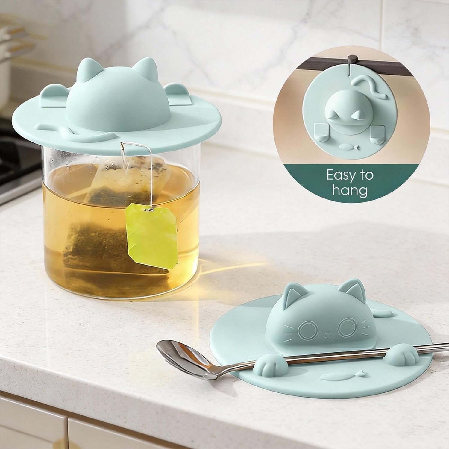 Silikon-Teebeutelhalter für Tasse, Katzen-Design, Teebeutelhalter, Deckel und Presse, wärmespeichernd, Deckel für Kaffee, Milch, Tee (4, Grün)