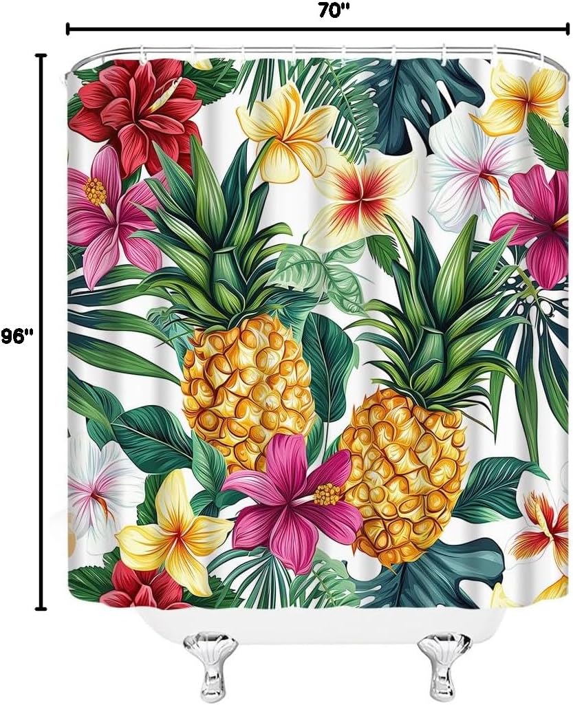 Pineapple Shower Curtain Yellow Tropical Fruit Pineapple Green Tropical Palm Leaf Colorful Flower Watercolor Summer Nature Plant Fabric Bathroom Decor Curtain with Hooks