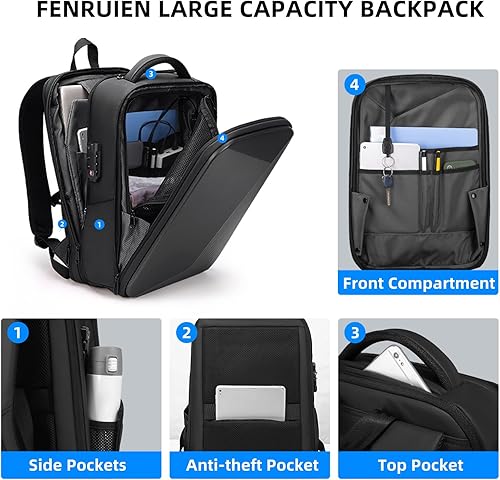 Miniatura 3 de FENRUIEN Mochila antirrobo para computadora portátil para hombres, mochila expandible impermeable con puerto USB, bolsa negra de viaje de negocios