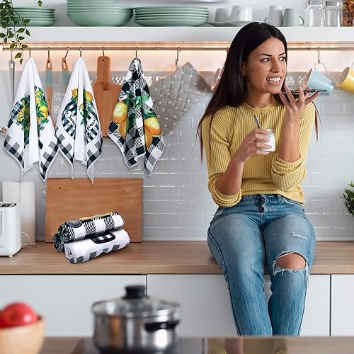 Miniatura 4 de Redbaker 6 toallas de cocina de limón divertidas de verano, toallas de mano a cuadros amarillos y negros, toallas de cocina decorativas para