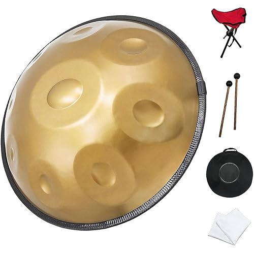 GLADFRESIT Handpan Drum 440Hz 9 notes 22inch"Golden Performer" in D Kurd Minor with handpan stand, handpan case, durable mallets and dust-free cloth