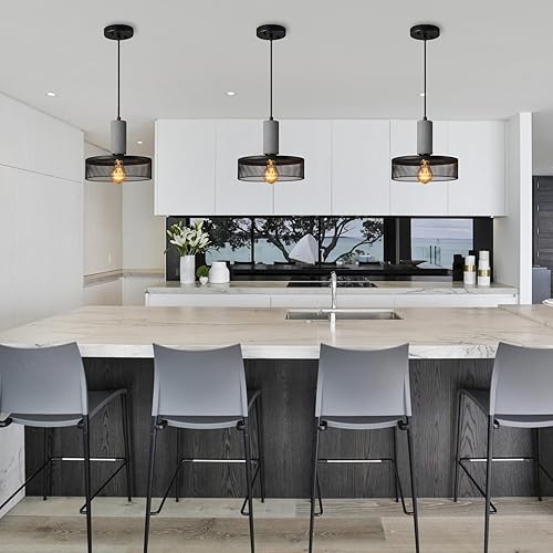 Miniatura 7 de Lámpara colgante industrial moderna con pantalla lineal de hormigón y metal negro, lámpara colgante negra para isla de cocina para dormitorio,