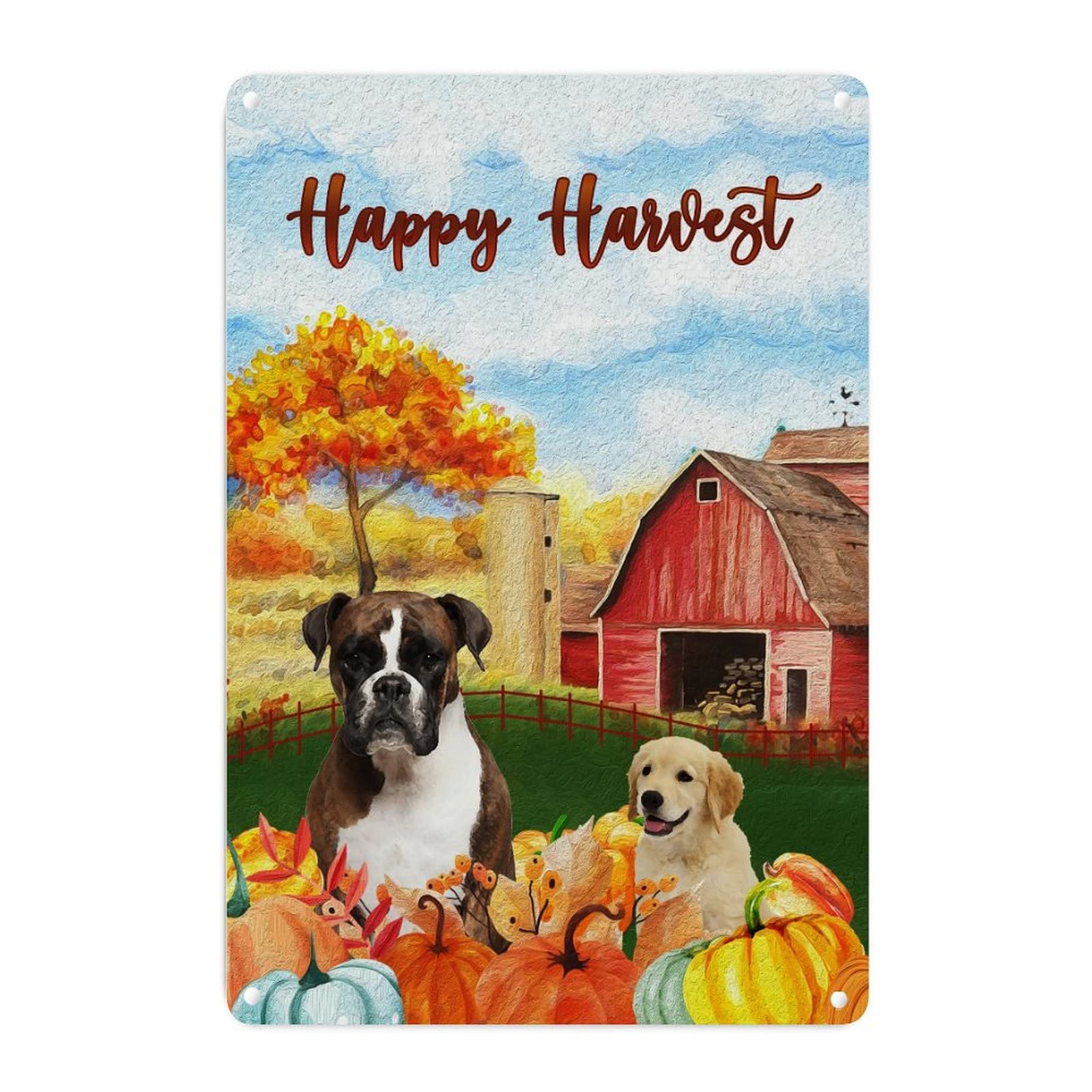 Plaque étain Be Thankful avec chien Akita et citrouilles d'automne